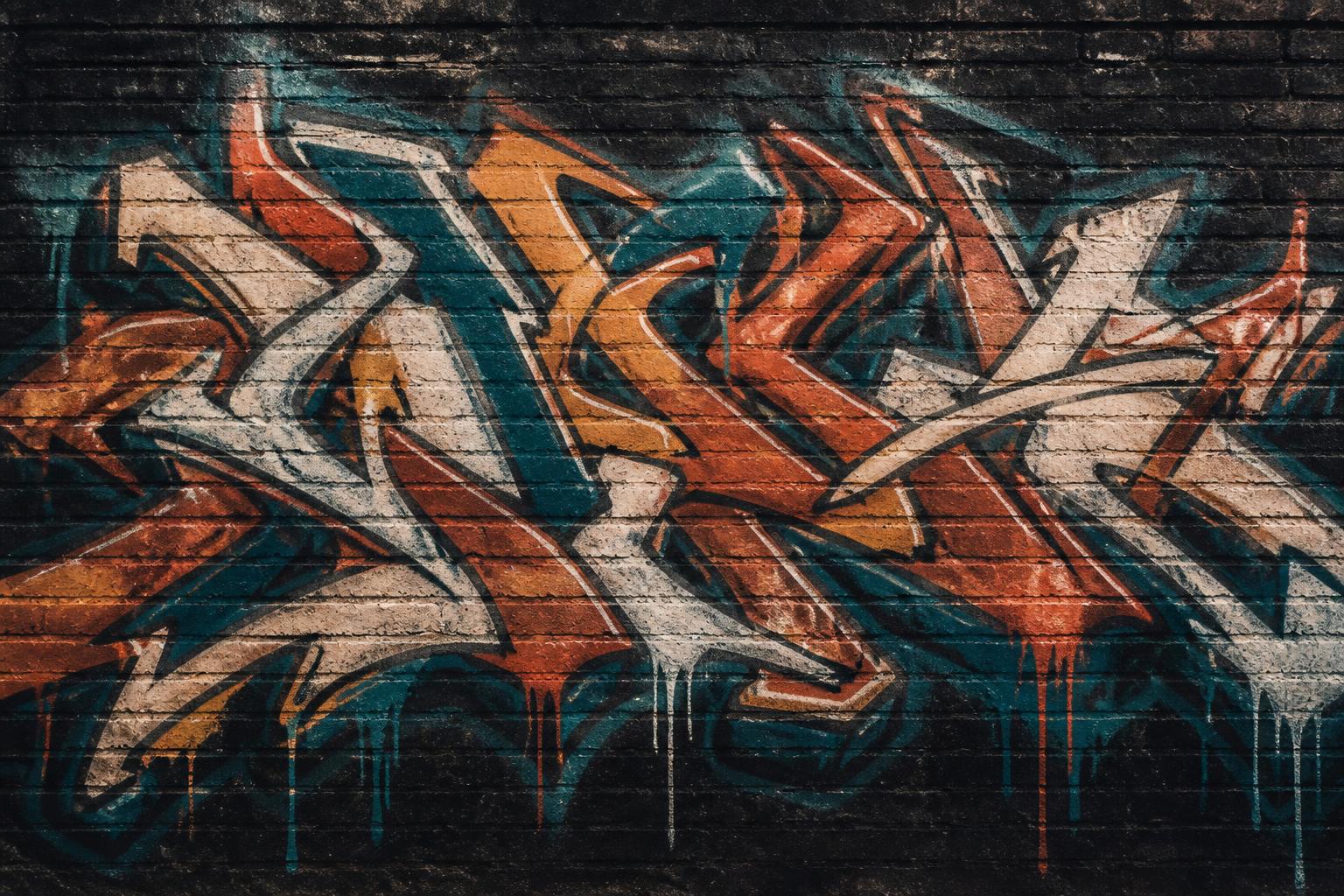 Wildstyle graffiti piece on a dark brick wall
